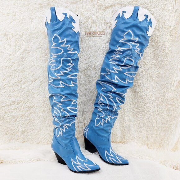 Turquoise Blue Embroidered White Western OTK Thigh High Slouch Cowboy Boots - Picture 12 of 15